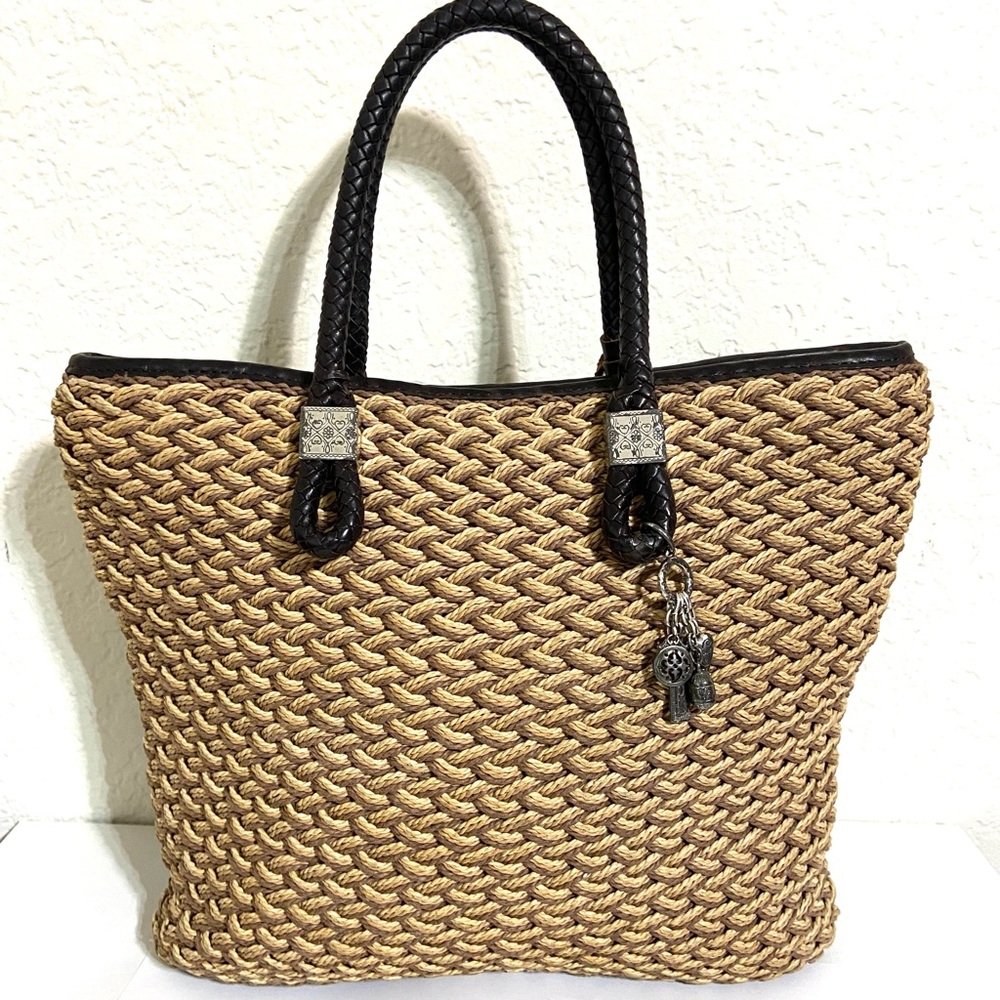 VINTAGE BRIGHTON RAFFIA STRAW PURSE W/ BRAIDED LEATHER HANDLES TOTE BAG
